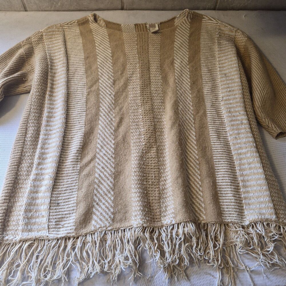 Chicos Womens Tan White Fringe Gorgeous Round neck Sz 02 Pull Over Sweater